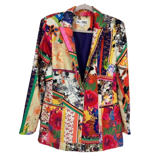 🌸 INC Multicolor Patchwork Floral Blazer Statement Jacket M 🌸 - Picture 2 of 8